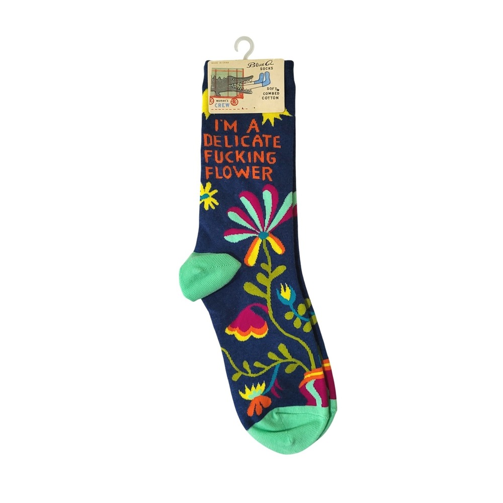 Blue Q Womens I'm an Effin Delicate Flower Crew Socks Navy Blue Floral 5-10 NEW